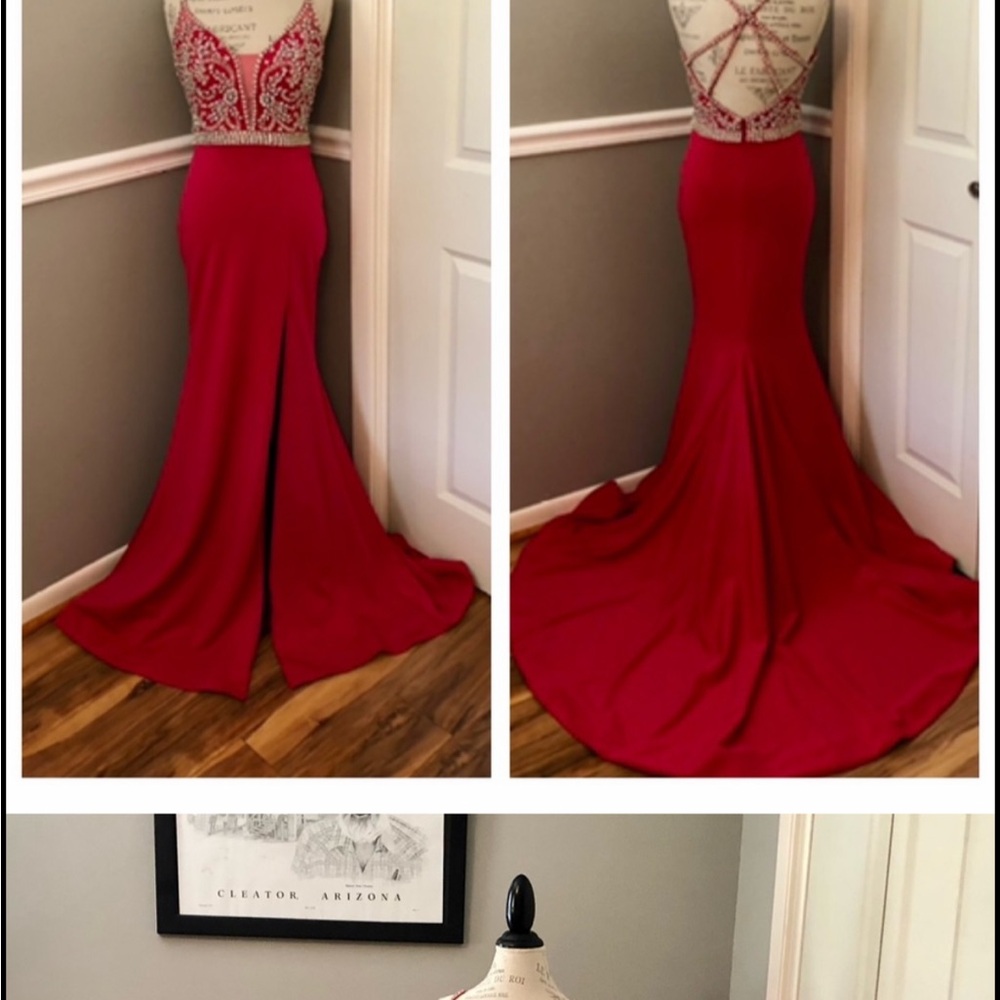 Jovani Red and Tan Embellished Halter Gown